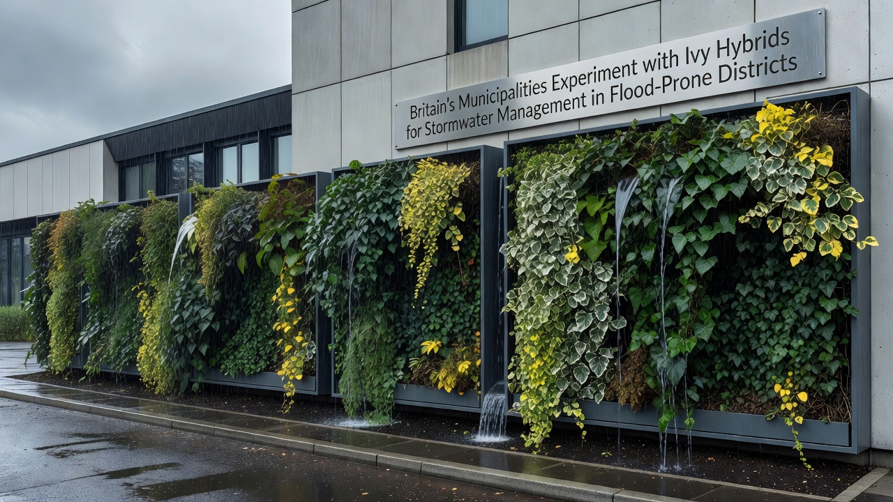 Close-up of hybrid ivy foliage and root structure on a stormwater retention wall with embedded moisture sensors visible